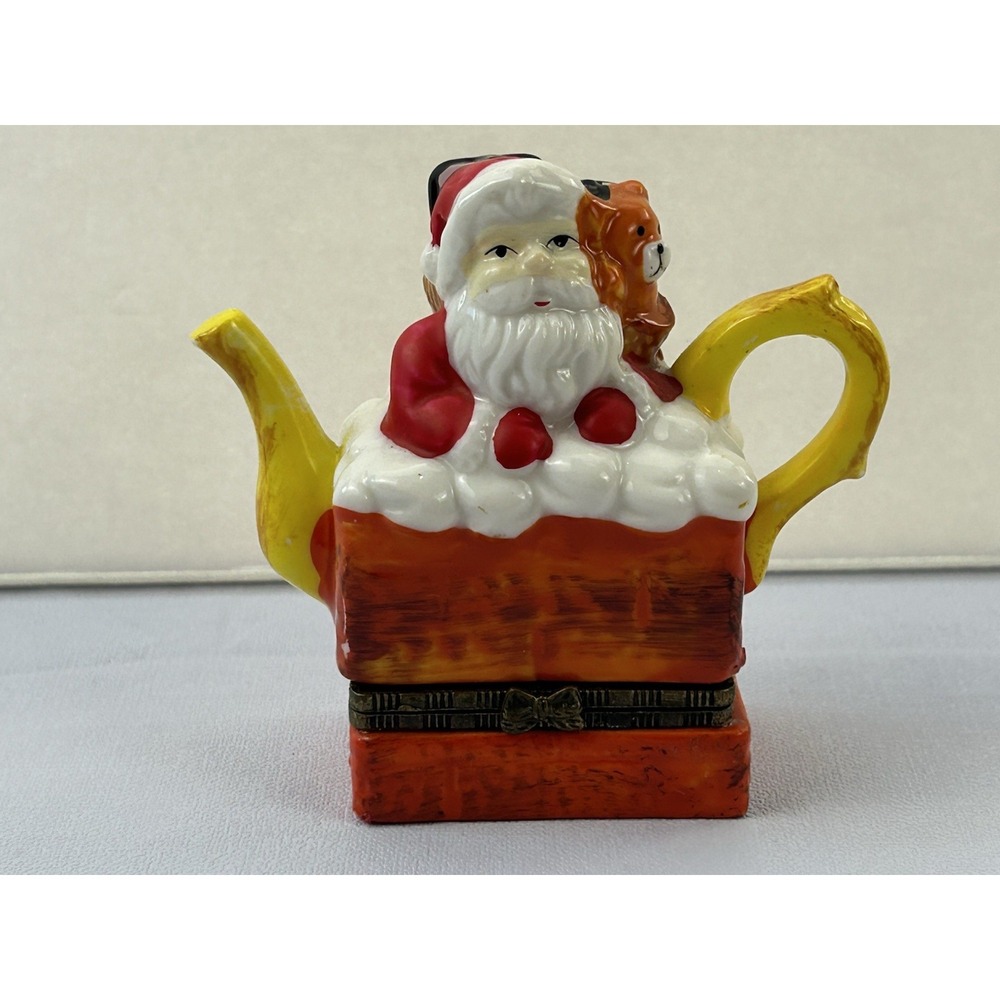 Vintage Santa Chimney Teapot Trinket Box Hinged Christmas Teddy Bear Gifts Decor